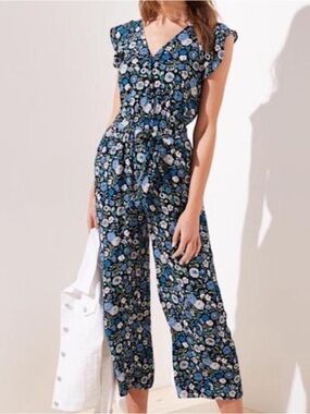 Loft Floral V-Neck Wide-Leg Jumpsuit in Blue | Size Small